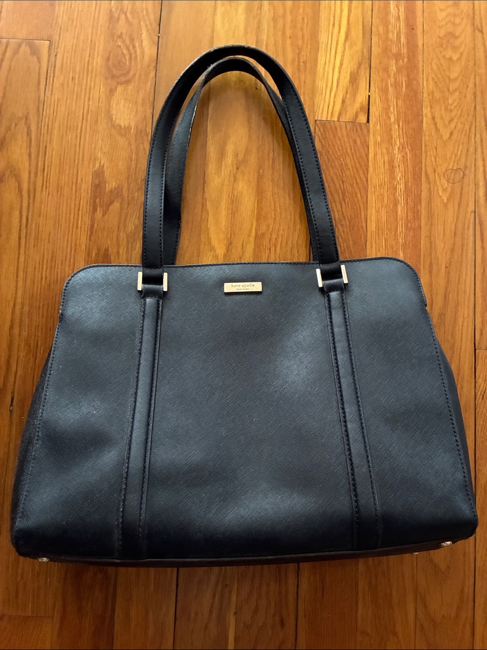 kate spade black structured tote with gold plaque